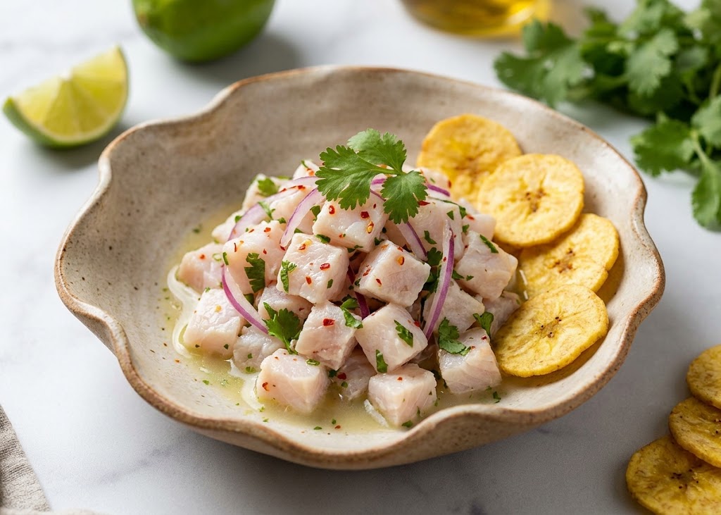 Fish ceviche with citrus, red onion, and plantain chips