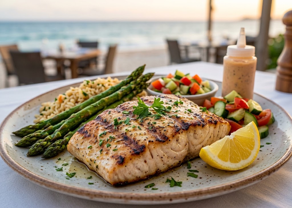 Grilled mahi filet with vegetables and rice overlooking the beach